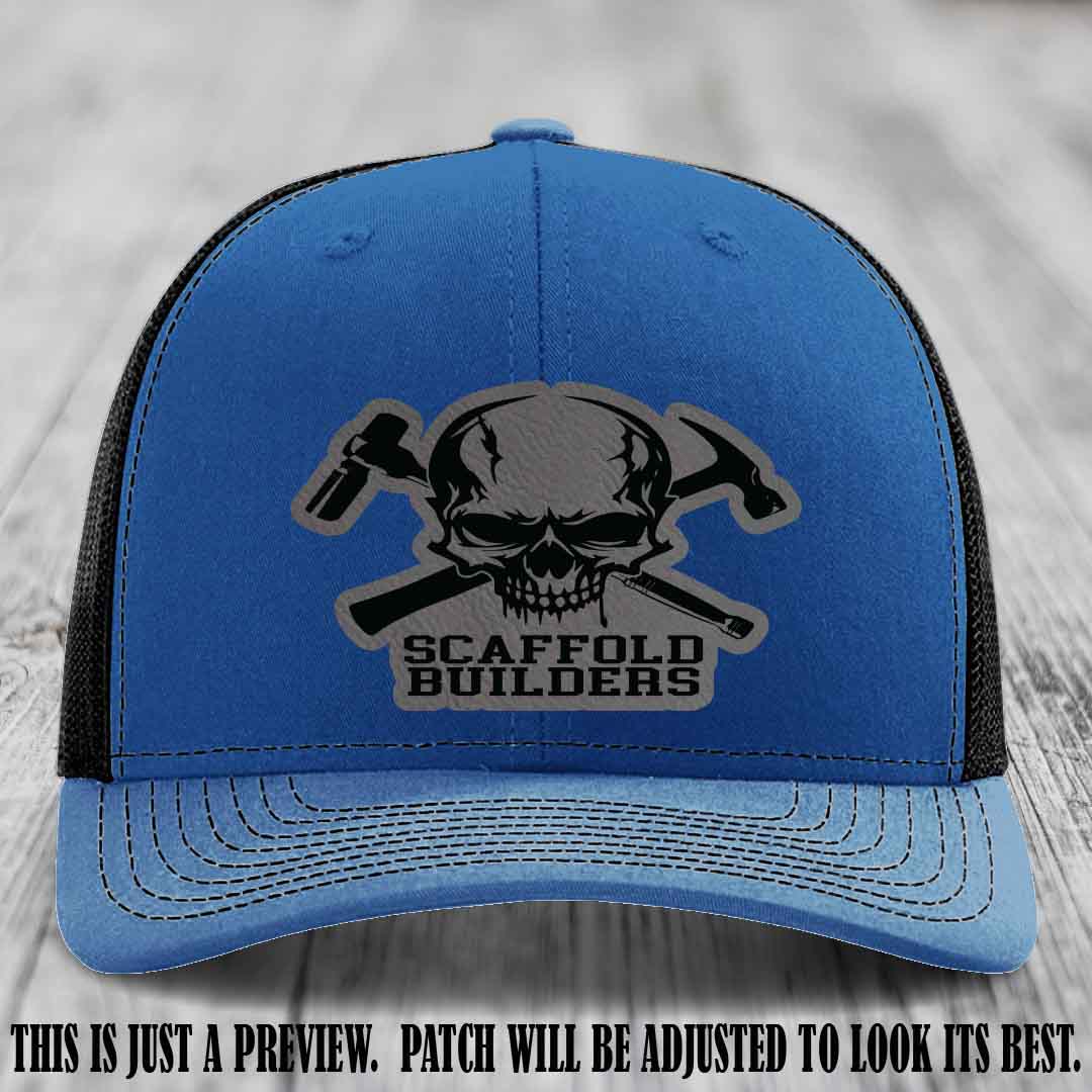 Scaffold Builders Grey to Black Patch on Royal to Black Hat - Custom Richardson 112 Leather Patch Hat