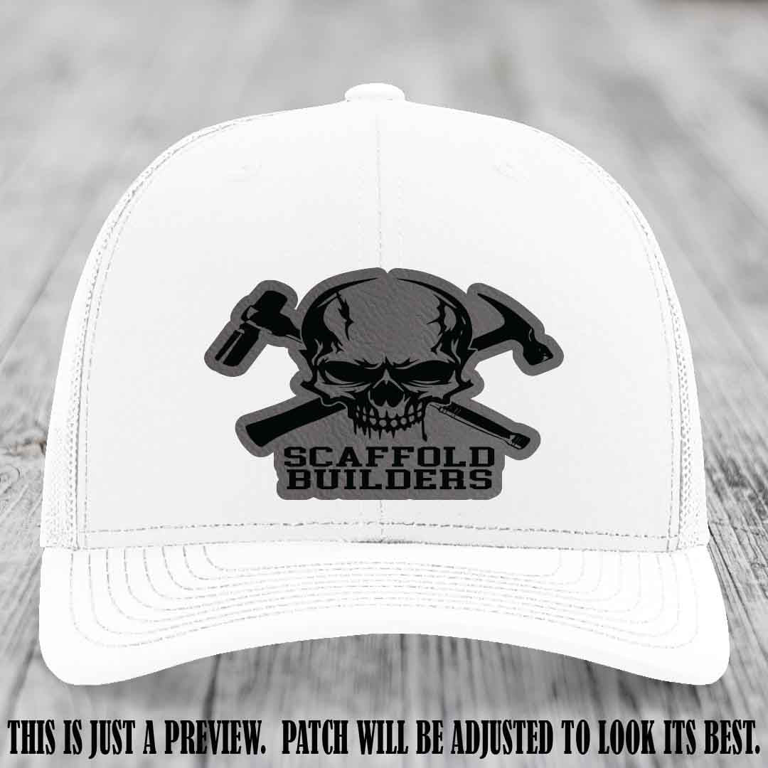 Scaffold Builders Grey to Black Patch on White Hat - Custom Richardson 112 Leather Patch Hat