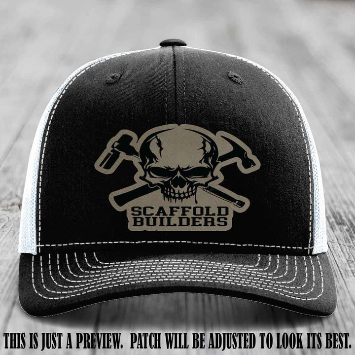 Scaffold Builders Light Brown to Black Patch on Black to White Hat - Custom Richardson 112 Leather Patch Hat