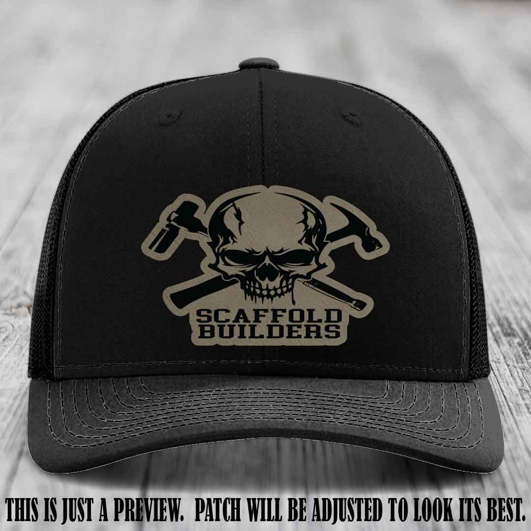 Scaffold Builders Light Brown to Black Patch on Black Hat - Custom Richardson 112 Leather Patch Hat