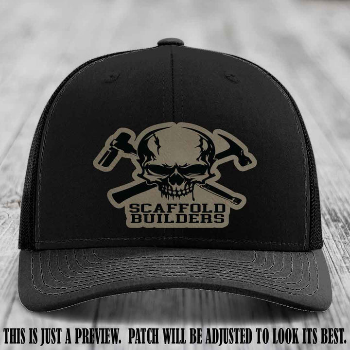 Scaffold Builders Light Brown to Black Patch on Black Hat - Custom Richardson 112 Leather Patch Hat