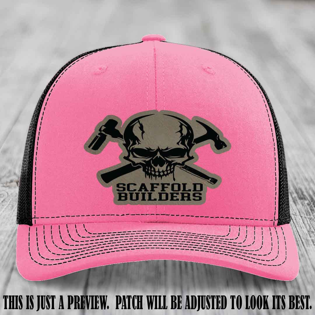 Scaffold Builders Light Brown to Black Patch on Hot Pink to Black Hat - Custom Richardson 112 Leather Patch Hat
