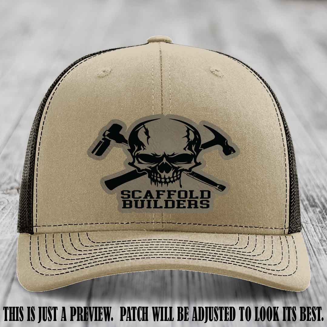 Scaffold Builders Light Brown to Black Patch on Khaki to Coffee Hat - Custom Richardson 112 Leather Patch Hat