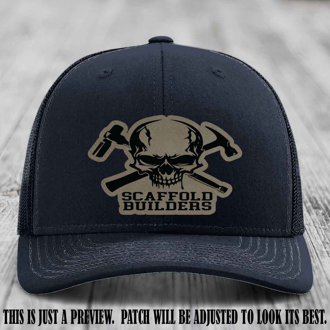Scaffold Builders Light Brown to Black Patch on Navy Hat - Custom Richardson 112 Leather Patch Hat
