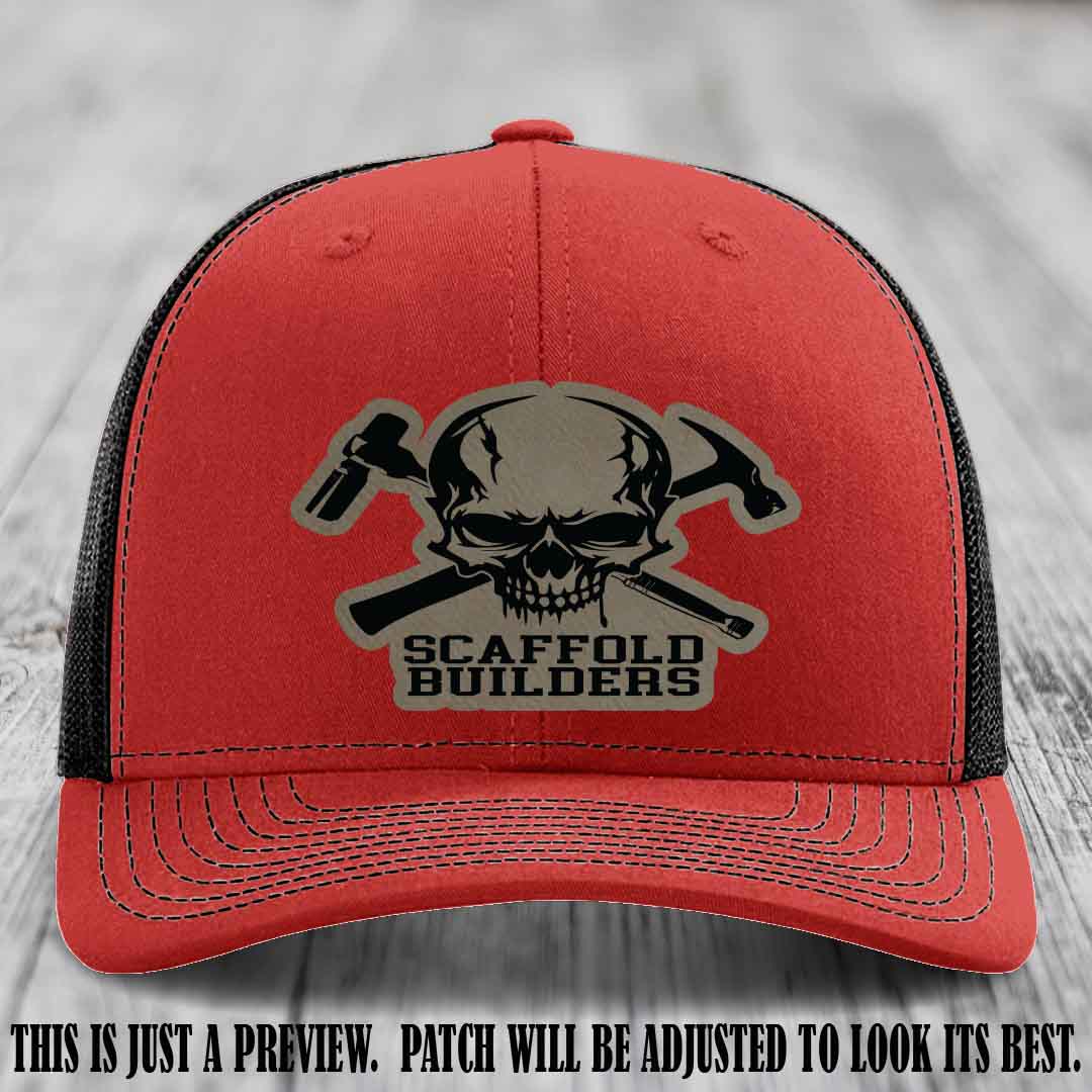 Scaffold Builders Light Brown to Black Patch on Red to Black Hat - Custom Richardson 112 Leather Patch Hat