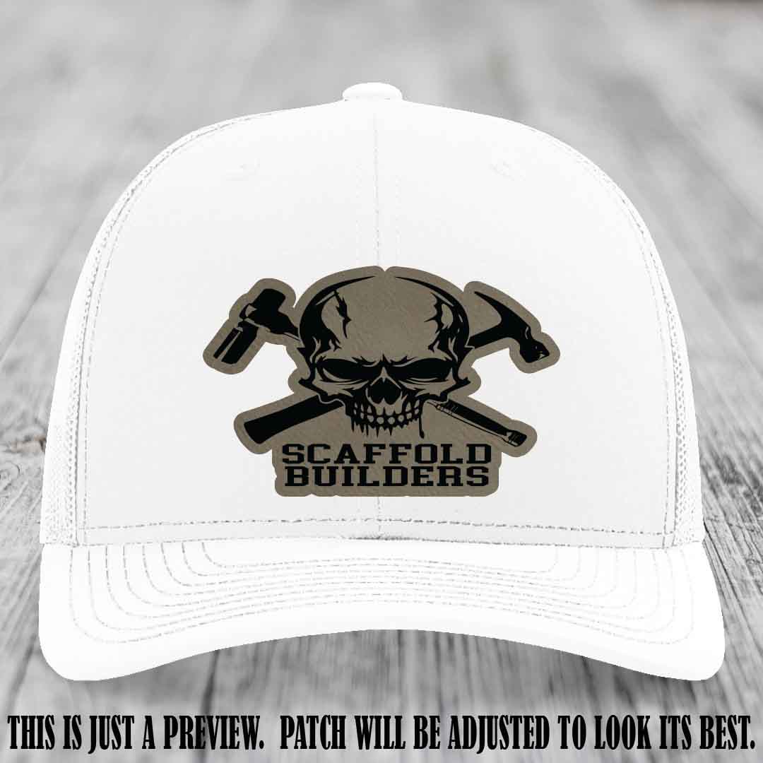 Scaffold Builders Light Brown to Black Patch on White Hat - Custom Richardson 112 Leather Patch Hat