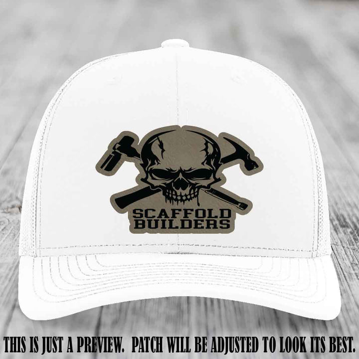 Scaffold Builders Light Brown to Black Patch on White Hat - Custom Richardson 112 Leather Patch Hat