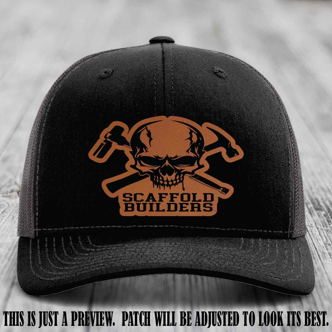 Scaffold Builders Rawhide to Black Patch on Black to Charcoal Hat - Custom Richardson 112 Leather Patch Hat