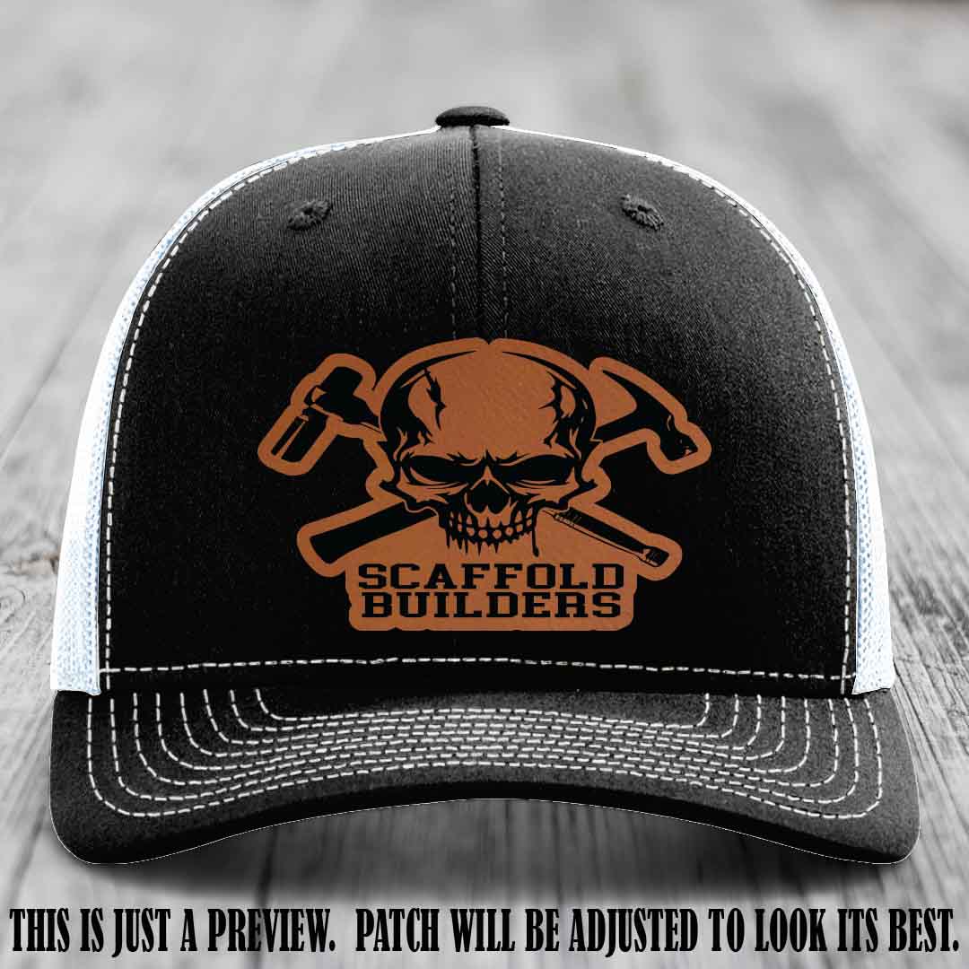 Scaffold Builders Rawhide to Black Patch on Black to White Hat - Custom Richardson 112 Leather Patch Hat