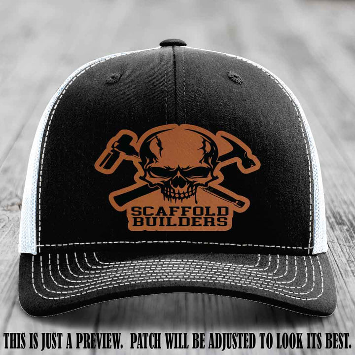 Scaffold Builders Rawhide to Black Patch on Black to White Hat - Custom Richardson 112 Leather Patch Hat