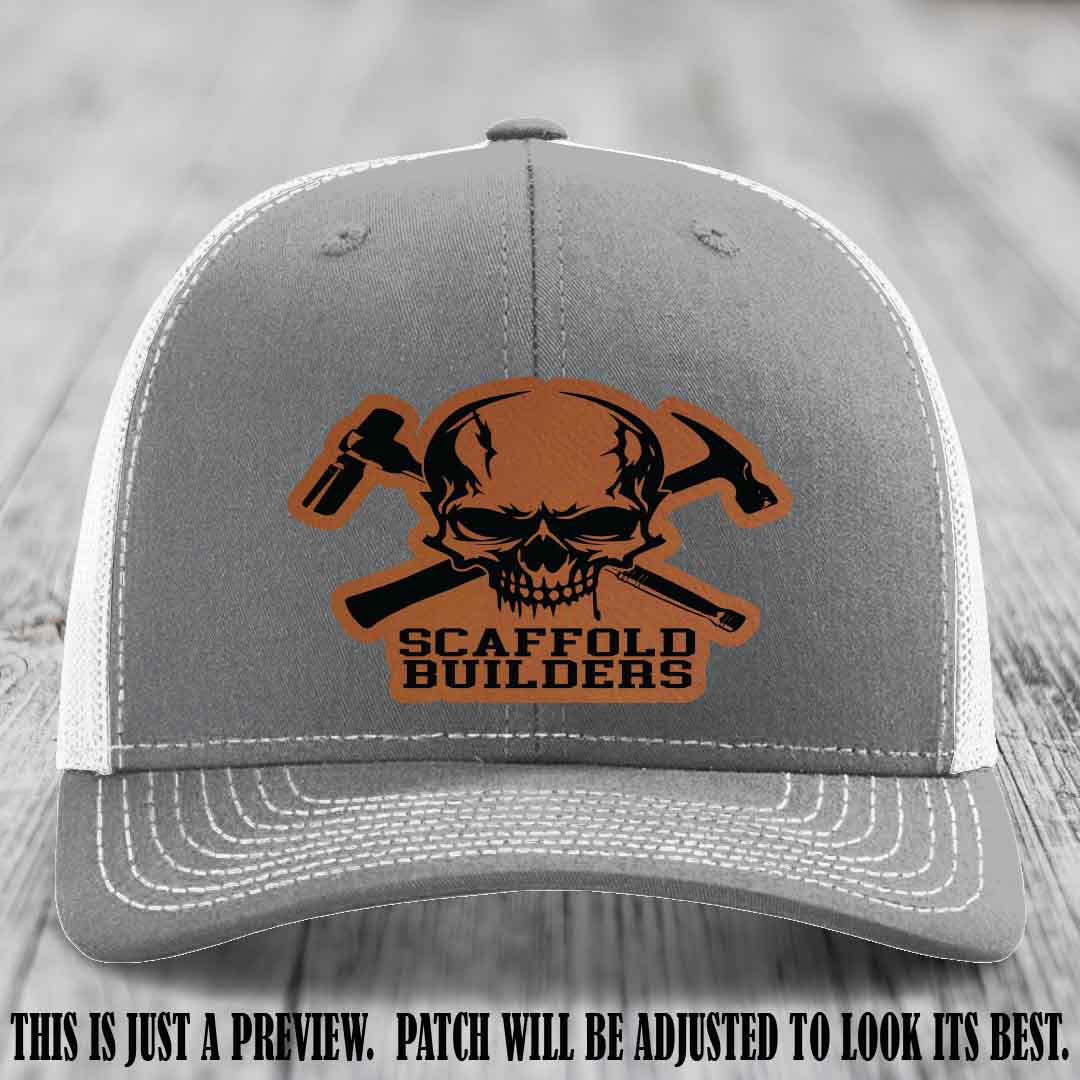 Scaffold Builders Rawhide to Black Patch on Heather Grey to White Hat - Custom Richardson 112 Leather Patch Hat