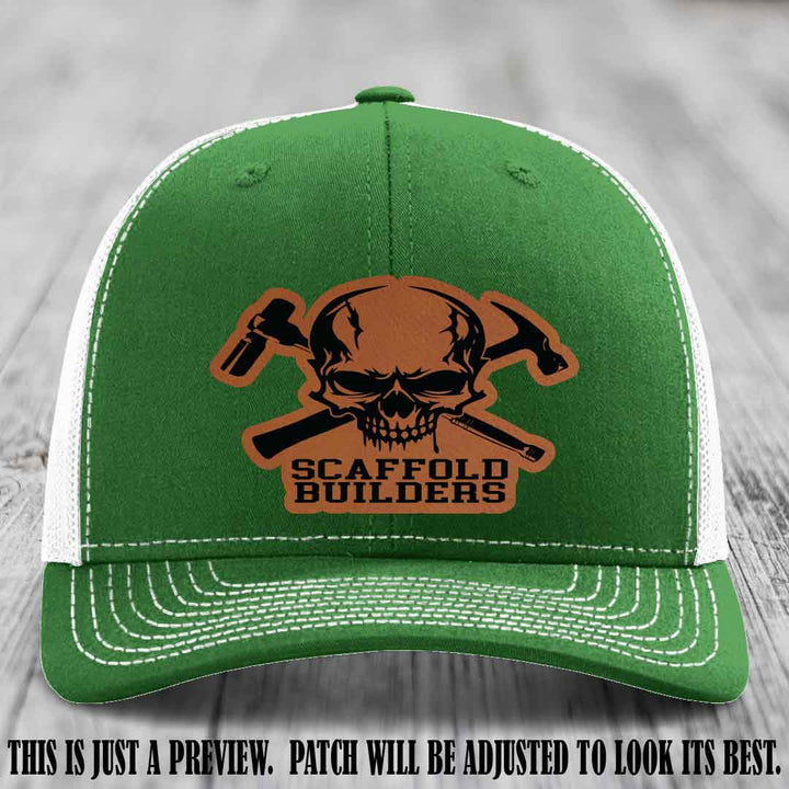 Scaffold Builders Rawhide to Black Patch on Kelly to White Hat - Custom Richardson 112 Leather Patch Hat