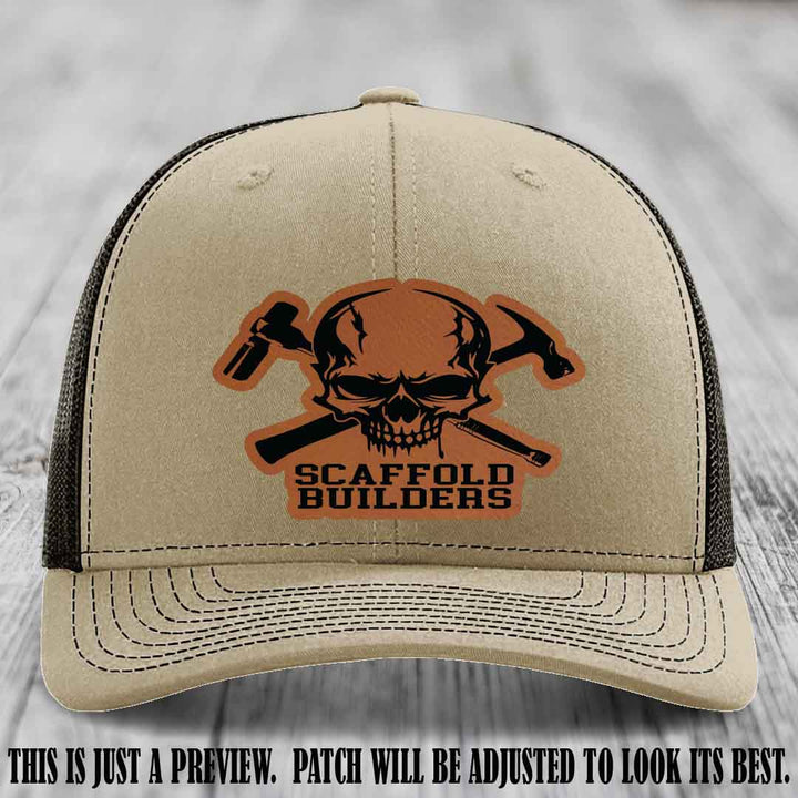 Scaffold Builders Rawhide to Black Patch on Khaki to Coffee Hat - Custom Richardson 112 Leather Patch Hat