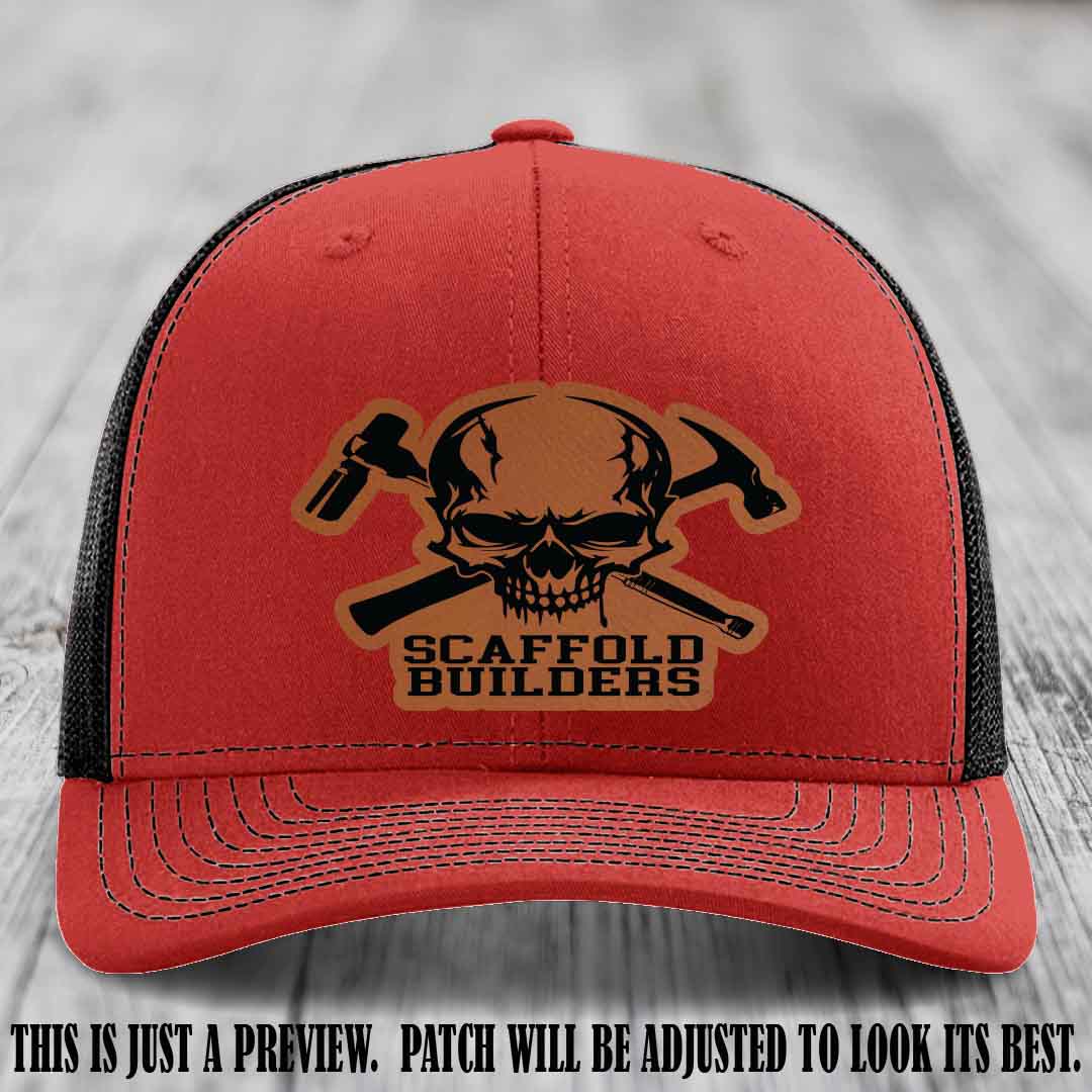 Scaffold Builders Rawhide to Black Patch on Red to Black Hat - Custom Richardson 112 Leather Patch Hat