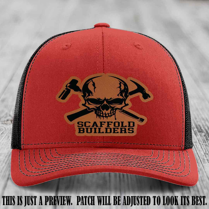 Scaffold Builders Rawhide to Black Patch on Red to Black Hat - Custom Richardson 112 Leather Patch Hat