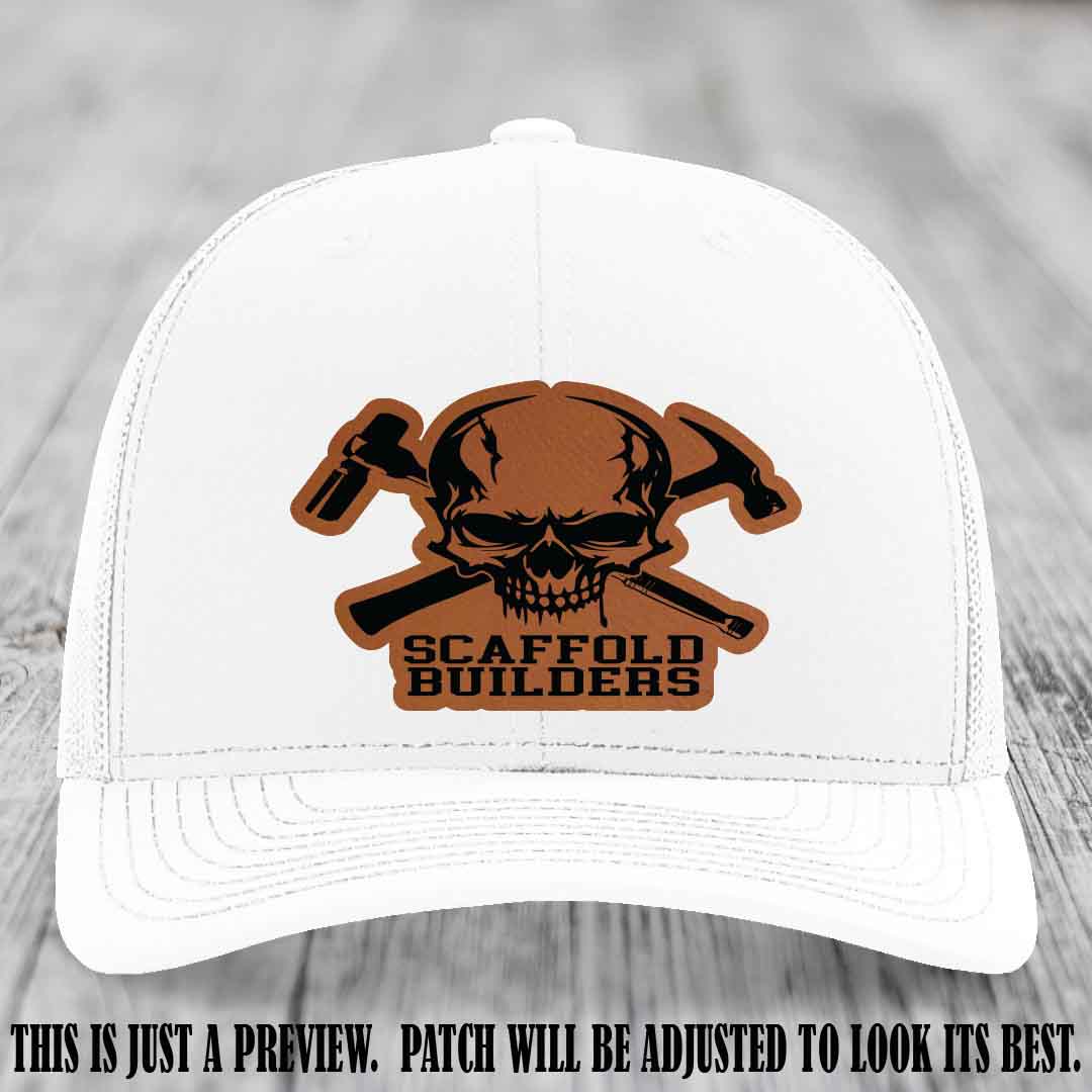 Scaffold Builders Rawhide to Black Patch on White Hat - Custom Richardson 112 Leather Patch Hat