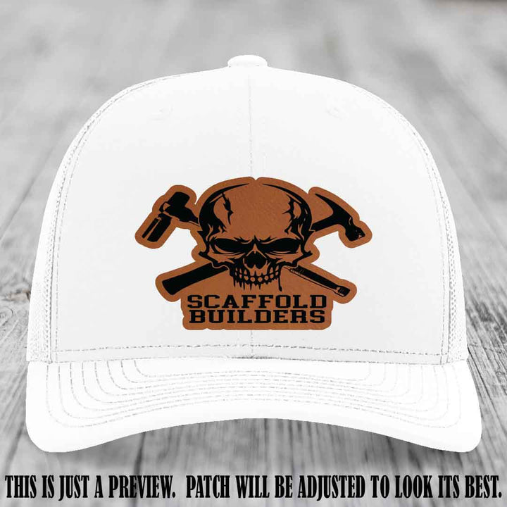 Scaffold Builders Rawhide to Black Patch on White Hat - Custom Richardson 112 Leather Patch Hat