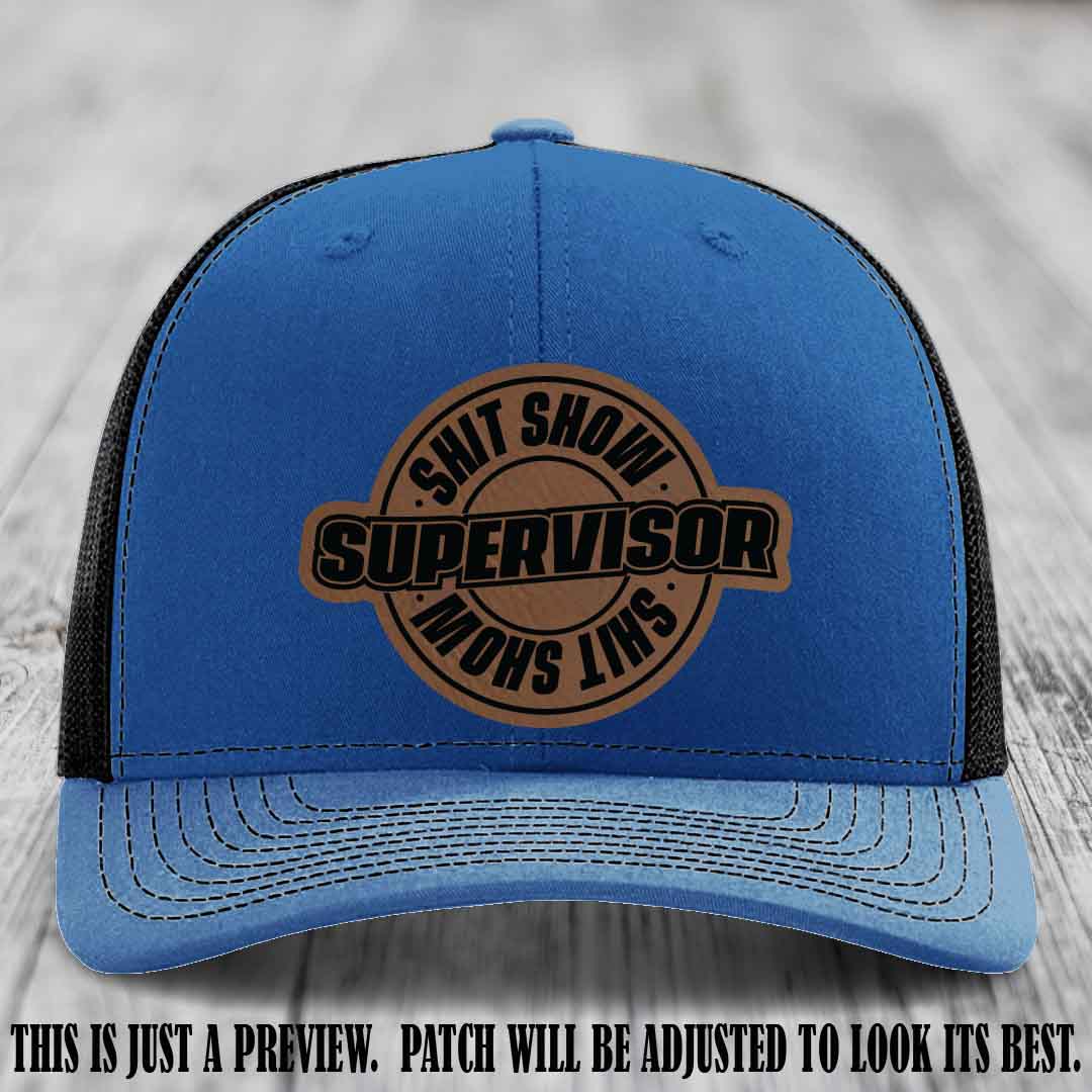 Shit Show Supervisor Dark Brown to Black Patch on Royal to Black Hat Richardson 112 Hat