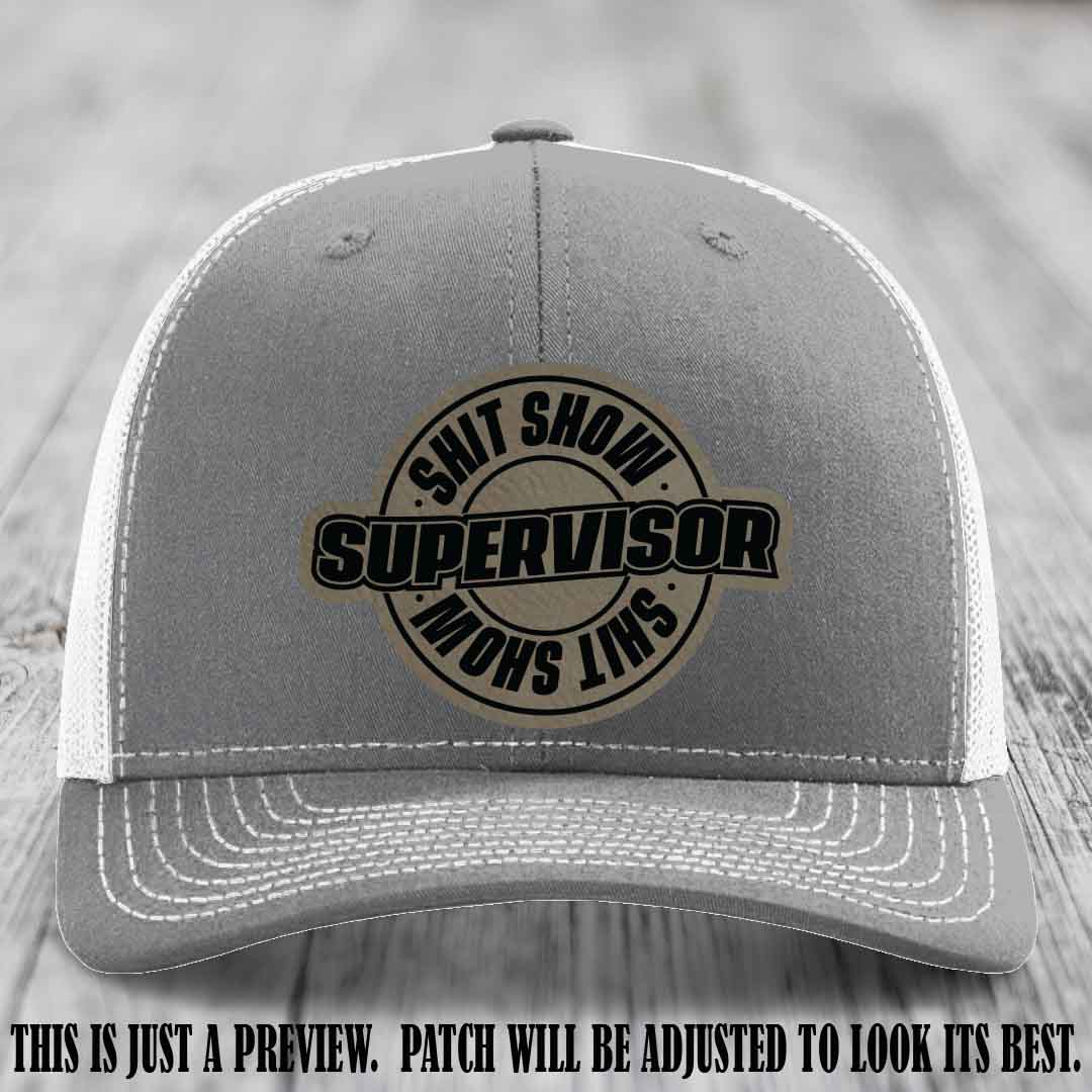 Shit Show Supervisor Light Brown to Black Patch on Heather Grey to White Hat Richardson 112 Hat