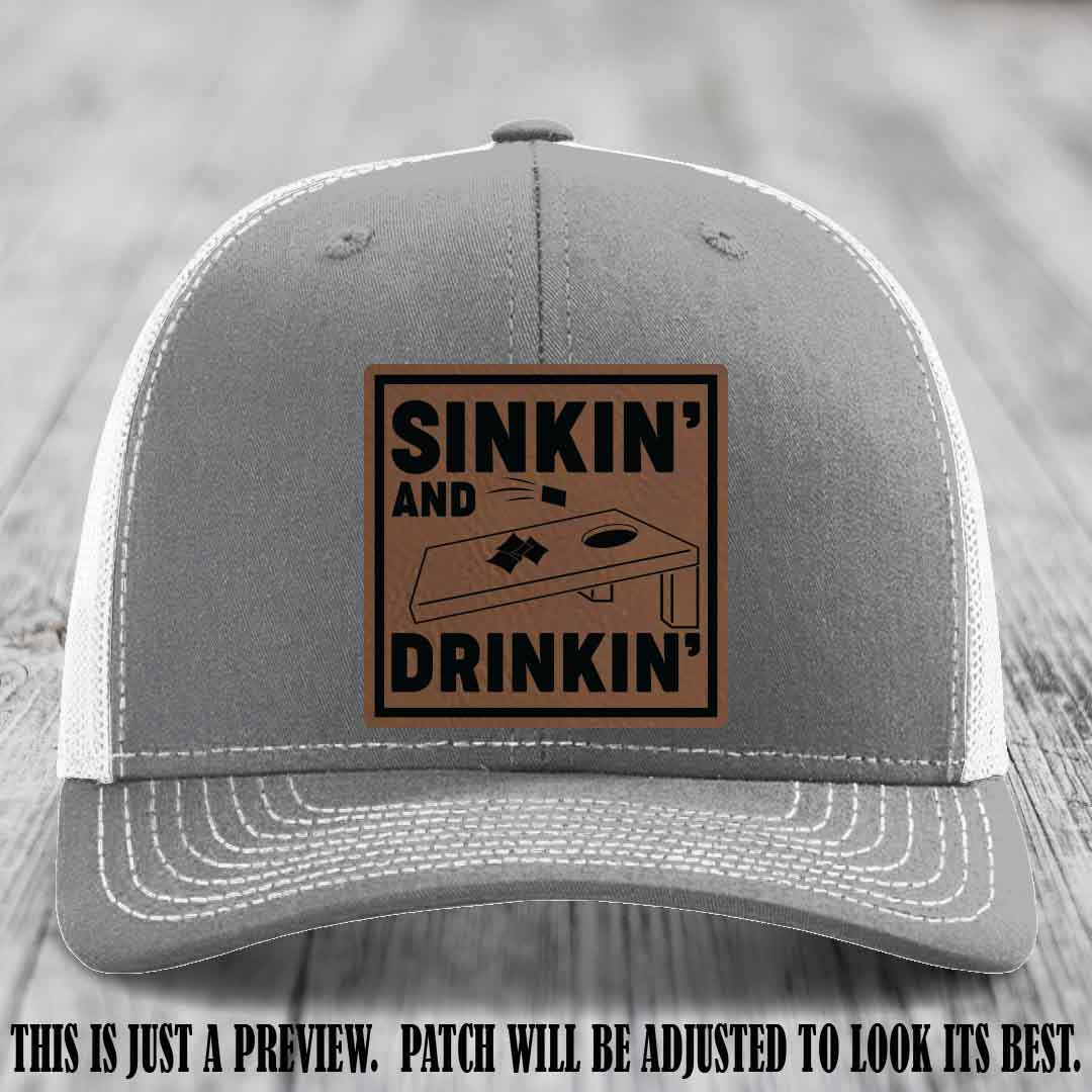 Sinkin' and Drinkin' design on Dark Brown to Black Patch, Richardson 112 Heather Grey to White Hat