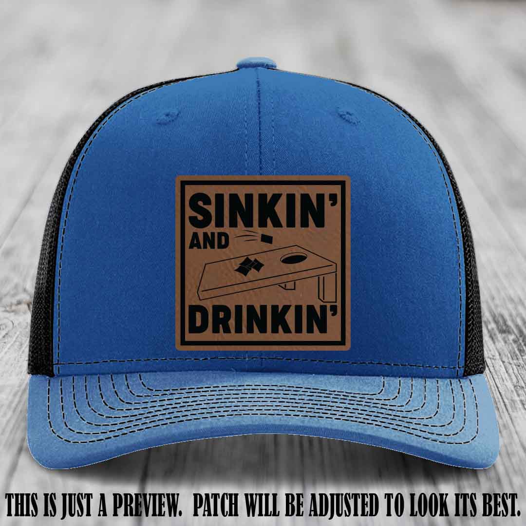 Sinkin' and Drinkin' design on Dark Brown to Black Patch, Richardson 112 Royal to Black Hat