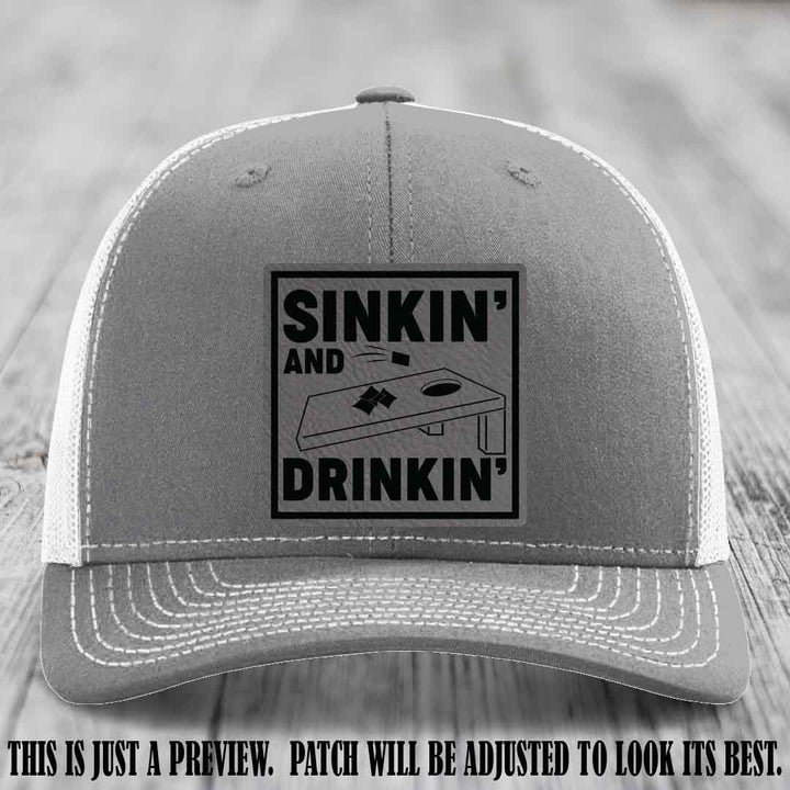 Sinkin' and Drinkin' design on Grey to Black Patch, Richardson 112 Heather Grey to White Hat