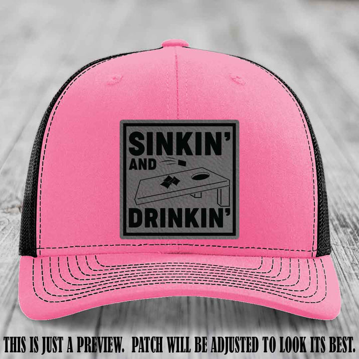 Sinkin' and Drinkin' design on Grey to Black Patch, Richardson 112 Hot Pink to Black Hat