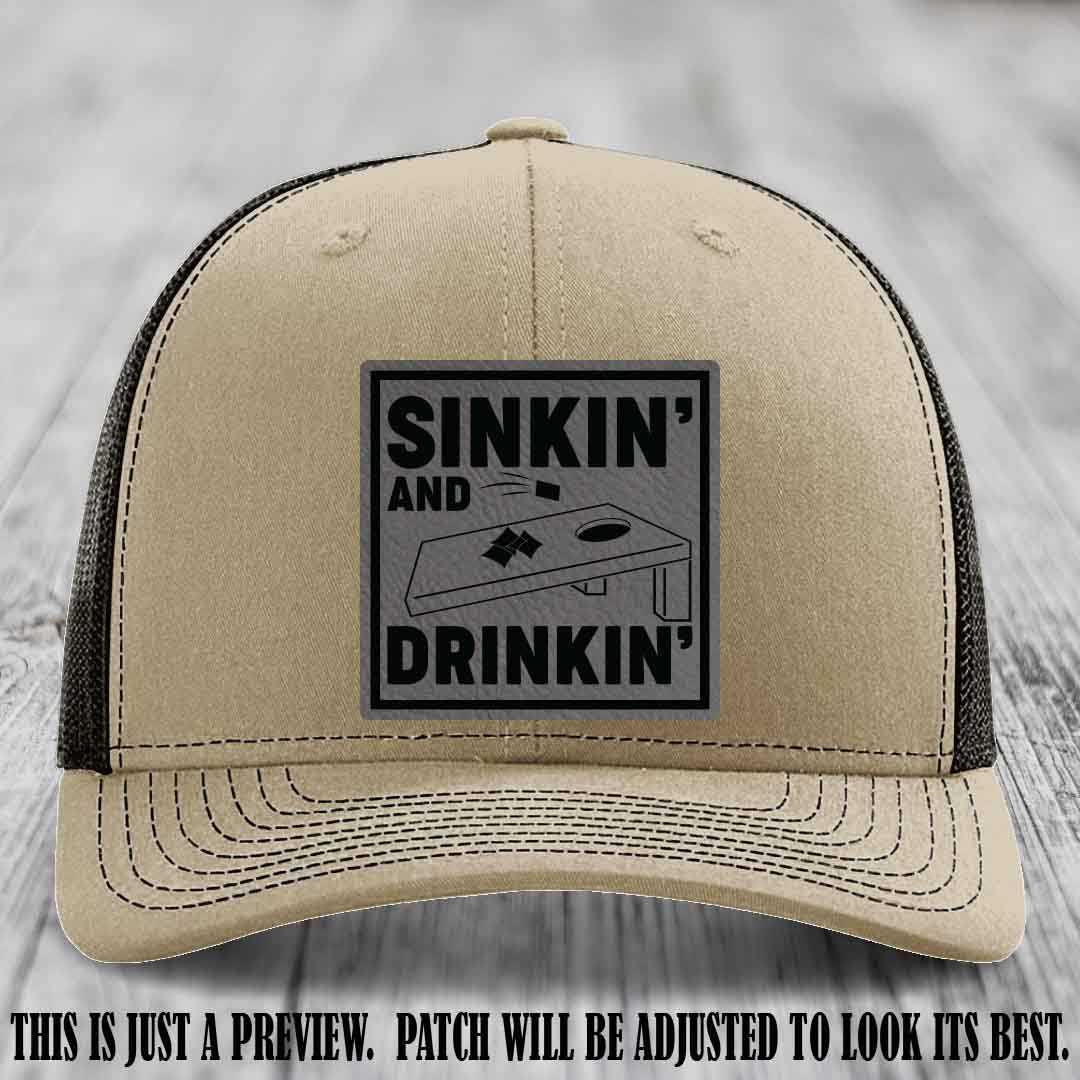 Sinkin' and Drinkin' design on Grey to Black Patch, Richardson 112 Khaki to Coffee Hat