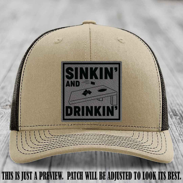 Sinkin' and Drinkin' design on Grey to Black Patch, Richardson 112 Khaki to Coffee Hat