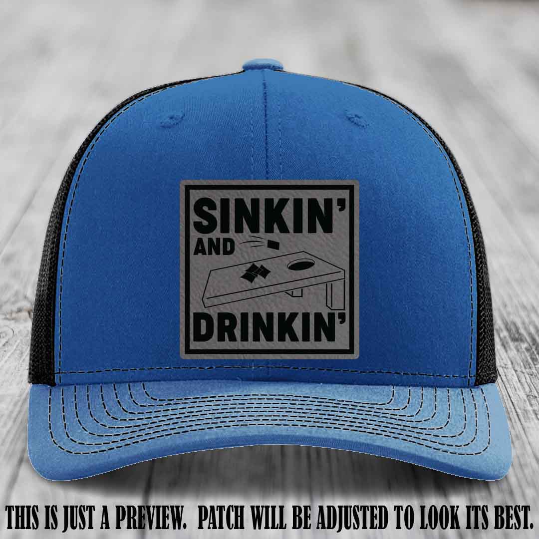 Sinkin' and Drinkin' design on Grey to Black Patch, Richardson 112 Royal to Black Hat