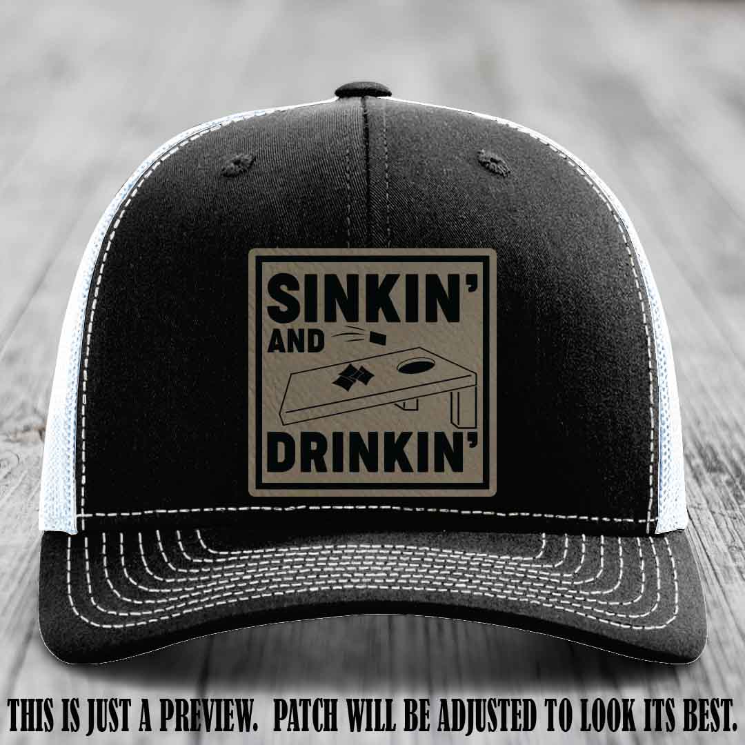 Sinkin' and Drinkin' design on Light Brown to Black Patch, Richardson 112 Black to White Hat