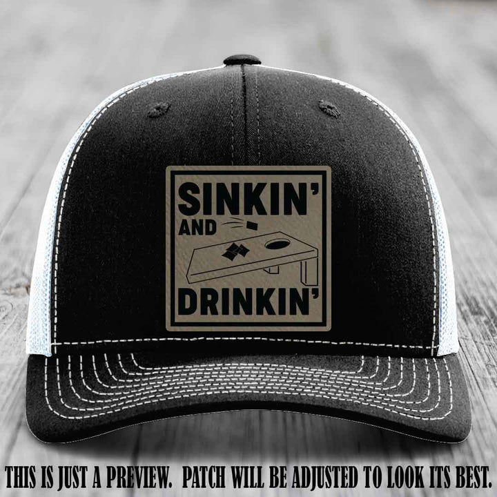 Sinkin' and Drinkin' design on Light Brown to Black Patch, Richardson 112 Black to White Hat
