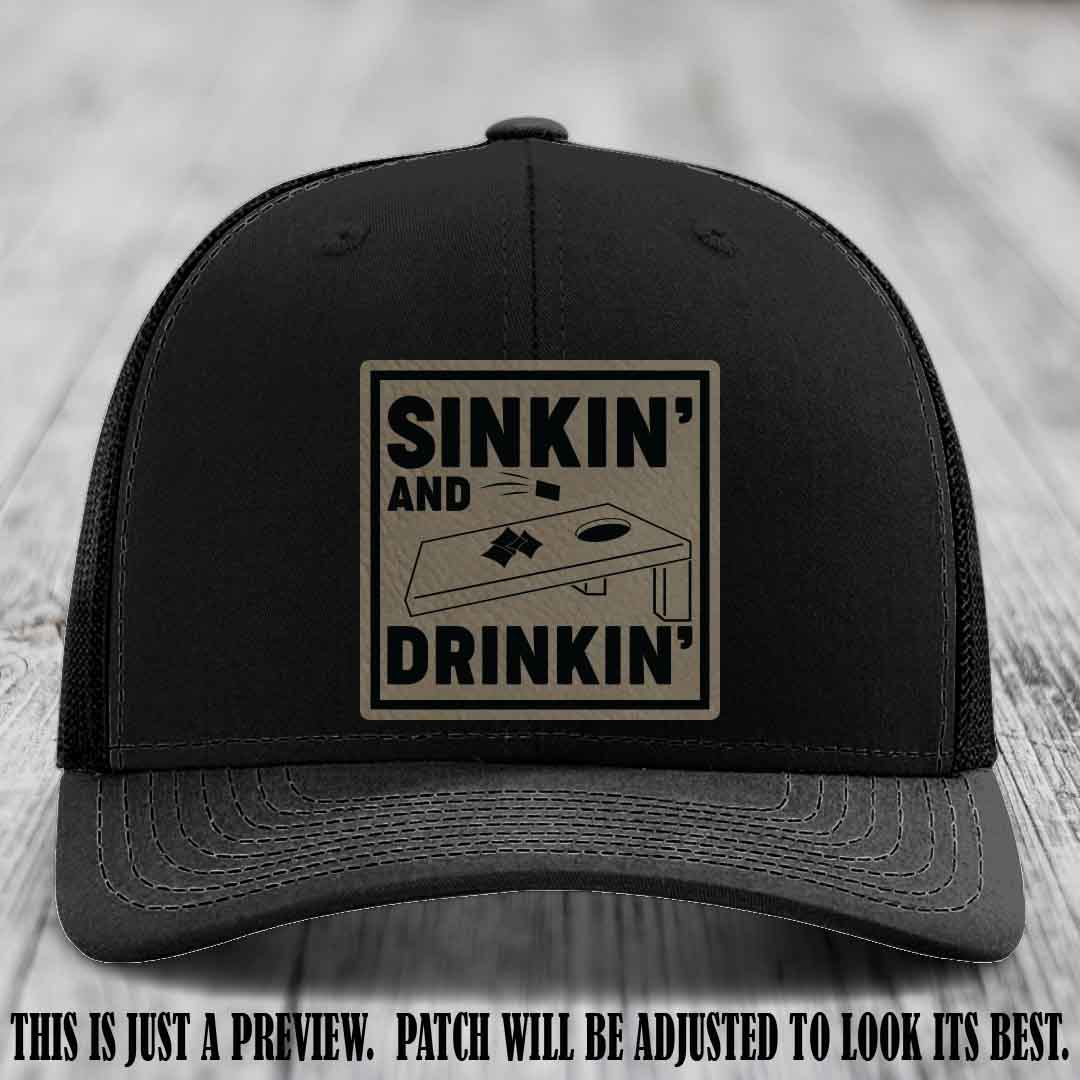 Sinkin' and Drinkin' design on Light Brown to Black Patch, Richardson 112 Black Hat