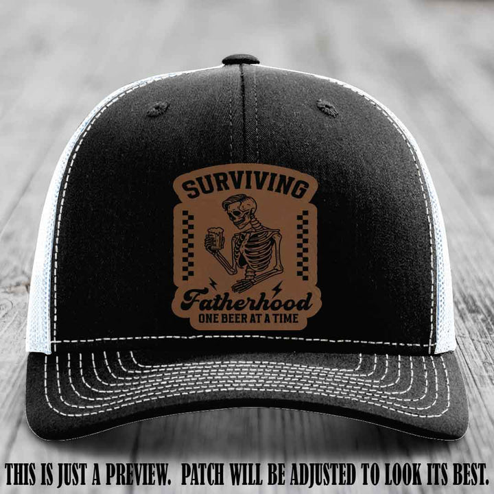 Surviving Fatherhood - Dark Brown to Black Patch on Black to White Hat, funny dad hat
