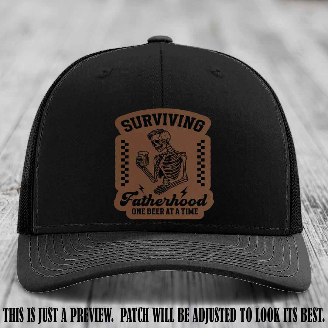 Surviving Fatherhood - Dark Brown to Black Patch on Black Hat, funny dad hat