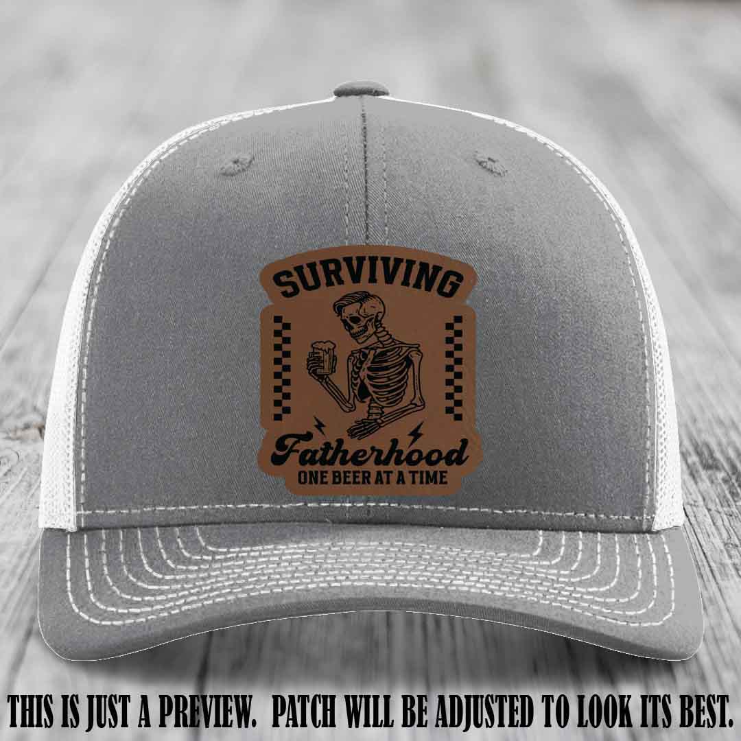 Surviving Fatherhood - Dark Brown to Black Patch on Heather Grey to White Hat, funny dad hat