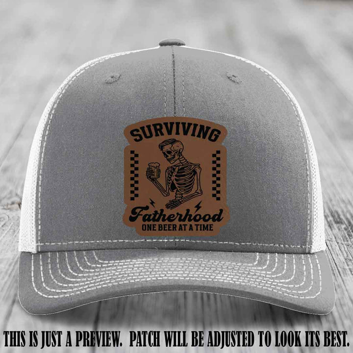 Surviving Fatherhood - Dark Brown to Black Patch on Heather Grey to White Hat, funny dad hat