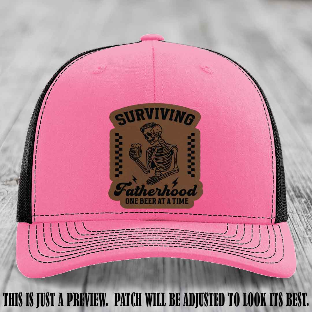 Surviving Fatherhood - Dark Brown to Black Patch on Hot Pink to Black Hat, funny dad hat