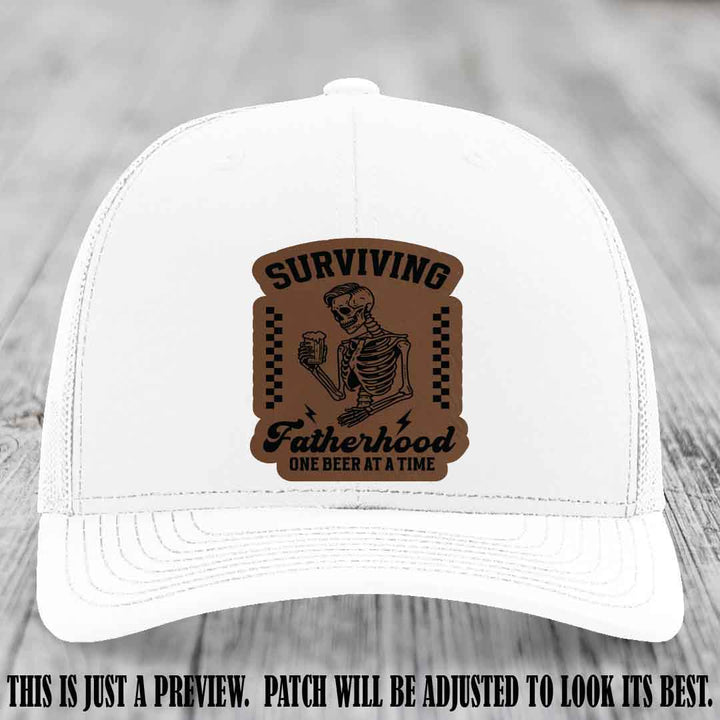 Surviving Fatherhood - Dark Brown to Black Patch on White Hat, funny dad hat