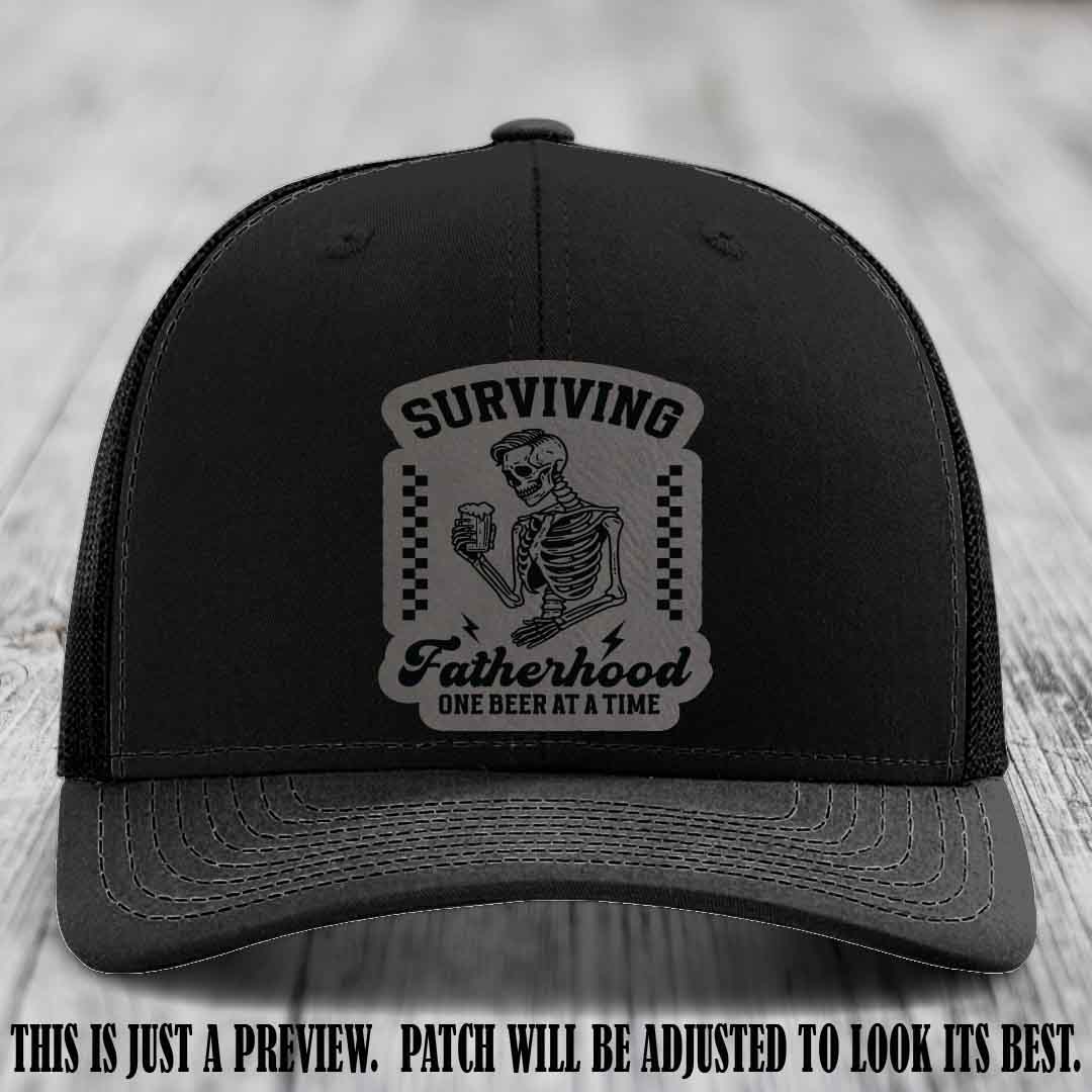 Surviving Fatherhood - Grey to Black Patch on Black Hat, funny dad hat