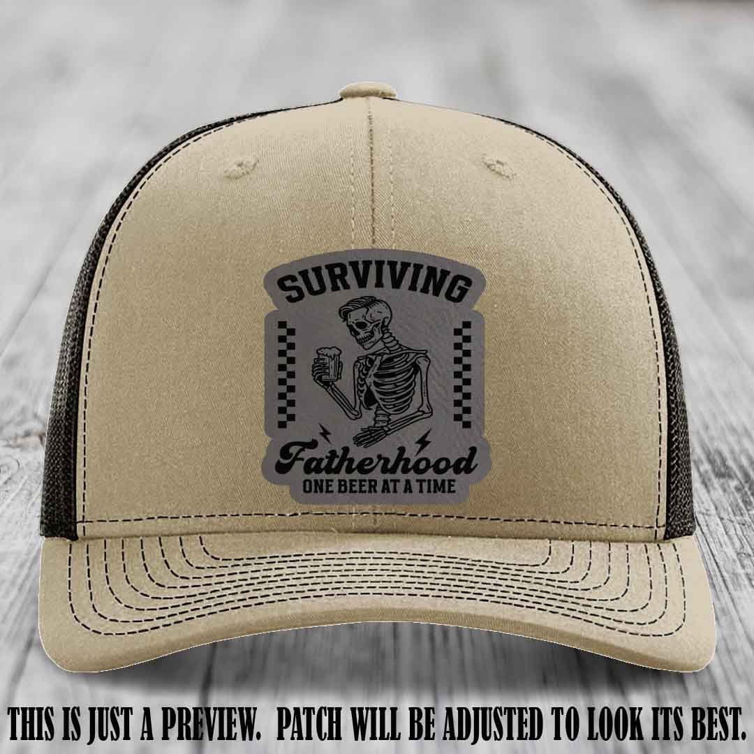 Surviving Fatherhood - Grey to Black Patch on Khaki to Coffee Hat, funny dad hat
