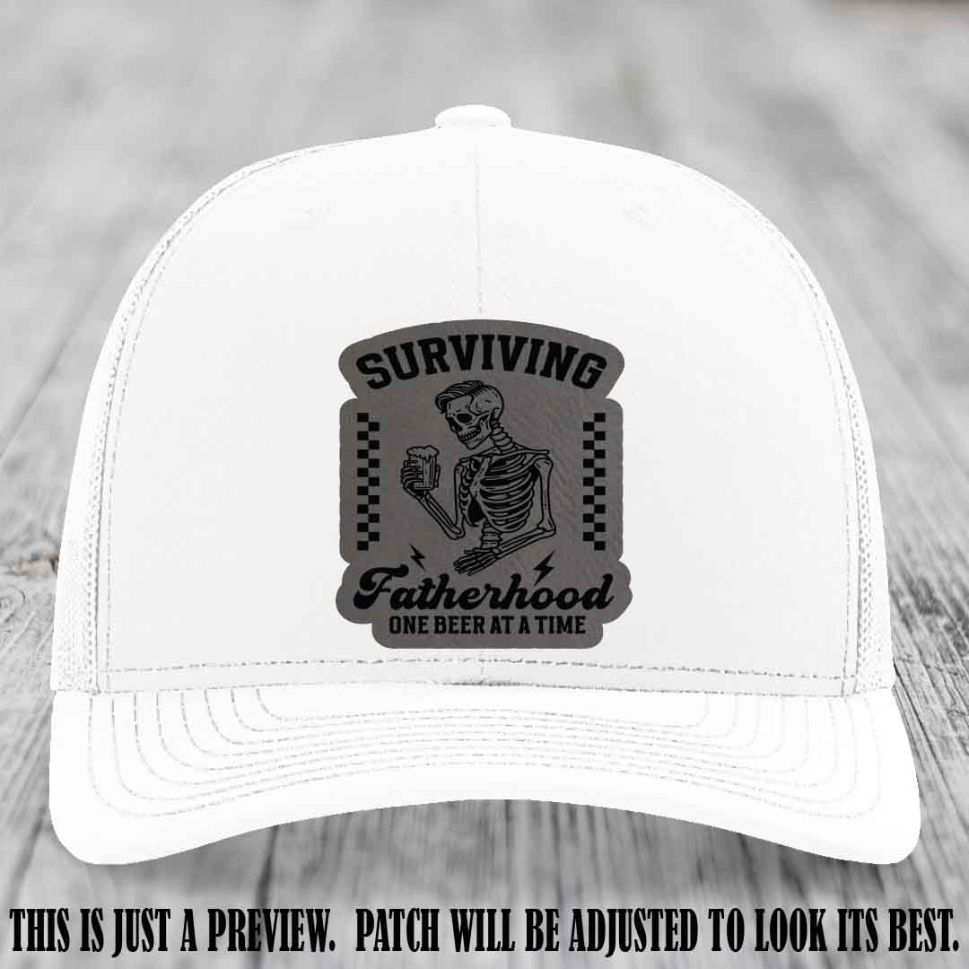 Surviving Fatherhood - Grey to Black Patch on White Hat, funny dad hat