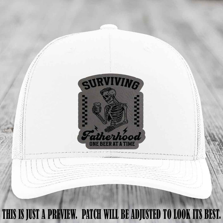 Surviving Fatherhood - Grey to Black Patch on White Hat, funny dad hat