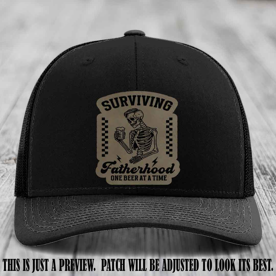 Surviving Fatherhood - Light Brown to Black Patch on Black Hat, funny dad hat