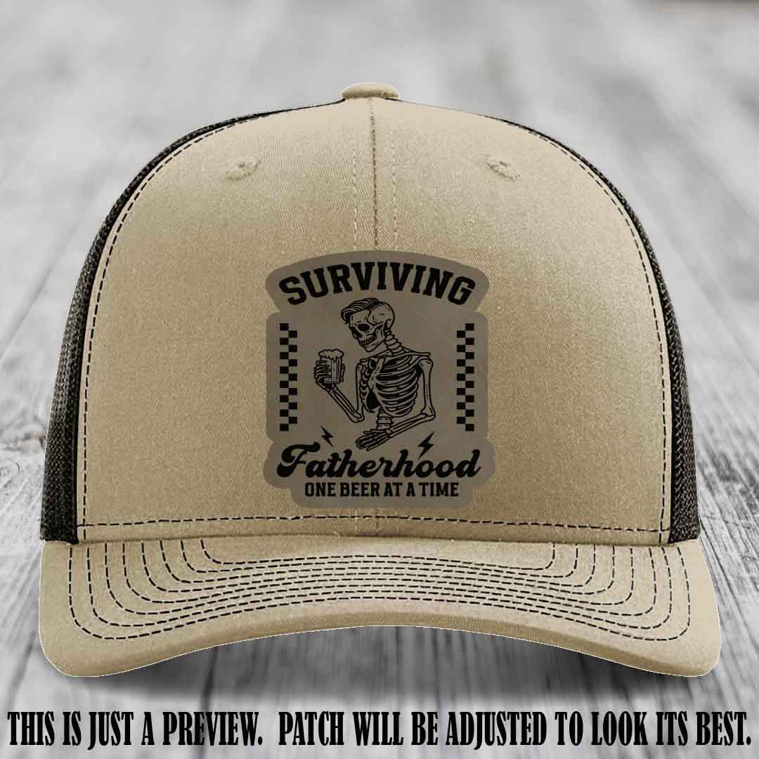 Surviving Fatherhood - Light Brown to Black Patch on Khaki to Coffee Hat, funny dad hat