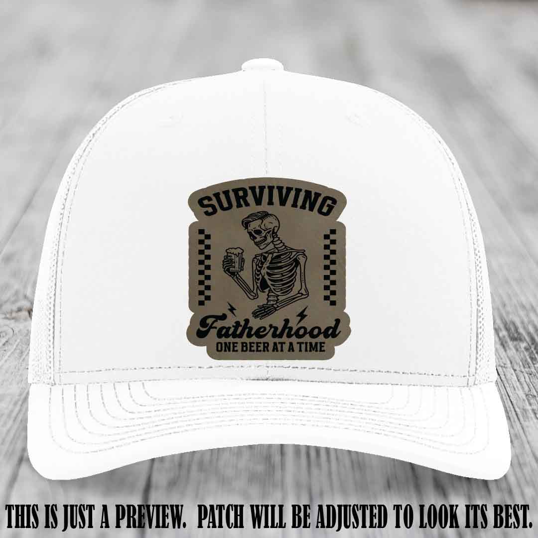 Surviving Fatherhood - Light Brown to Black Patch on White Hat, funny dad hat