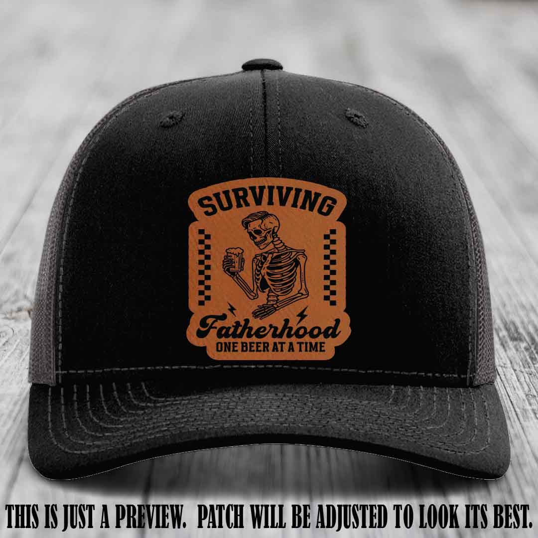 Surviving Fatherhood - Rawhide to Black Patch on Black to Charcoal Hat, funny dad hat