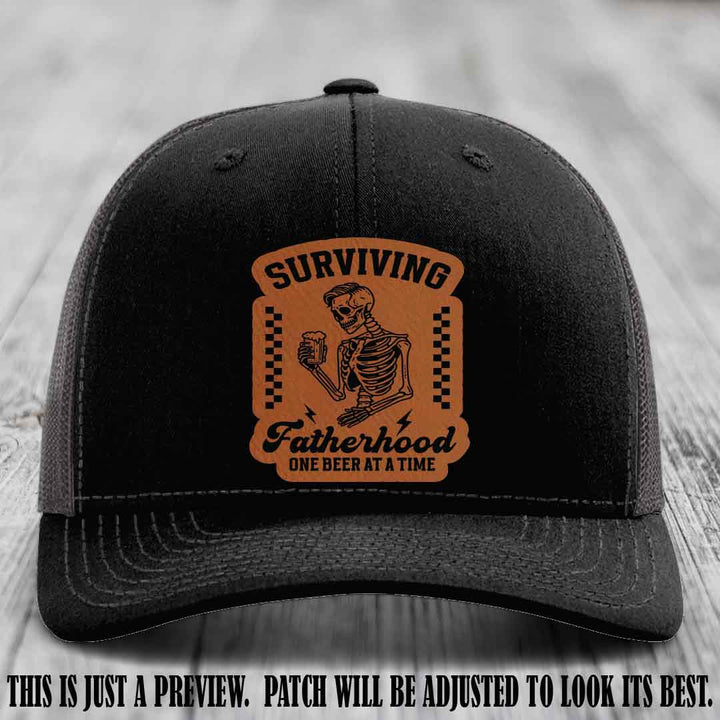 Surviving Fatherhood - Rawhide to Black Patch on Black to Charcoal Hat, funny dad hat
