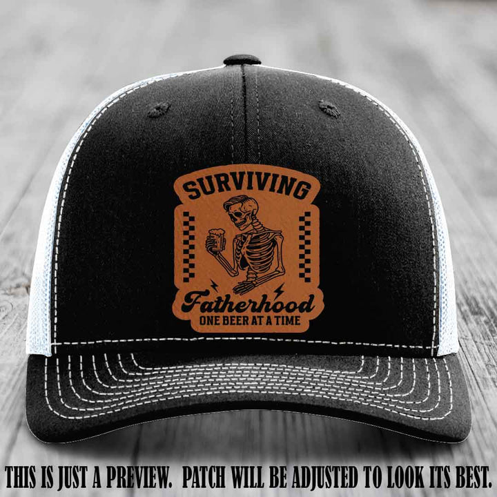 Surviving Fatherhood - Rawhide to Black Patch on Black to White Hat, funny dad hat