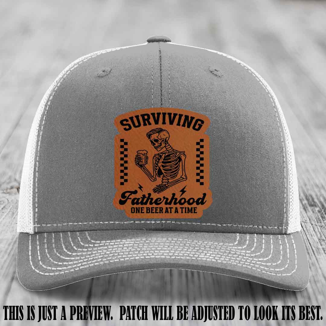 Surviving Fatherhood - Rawhide to Black Patch on Heather Grey to White Hat, funny dad hat